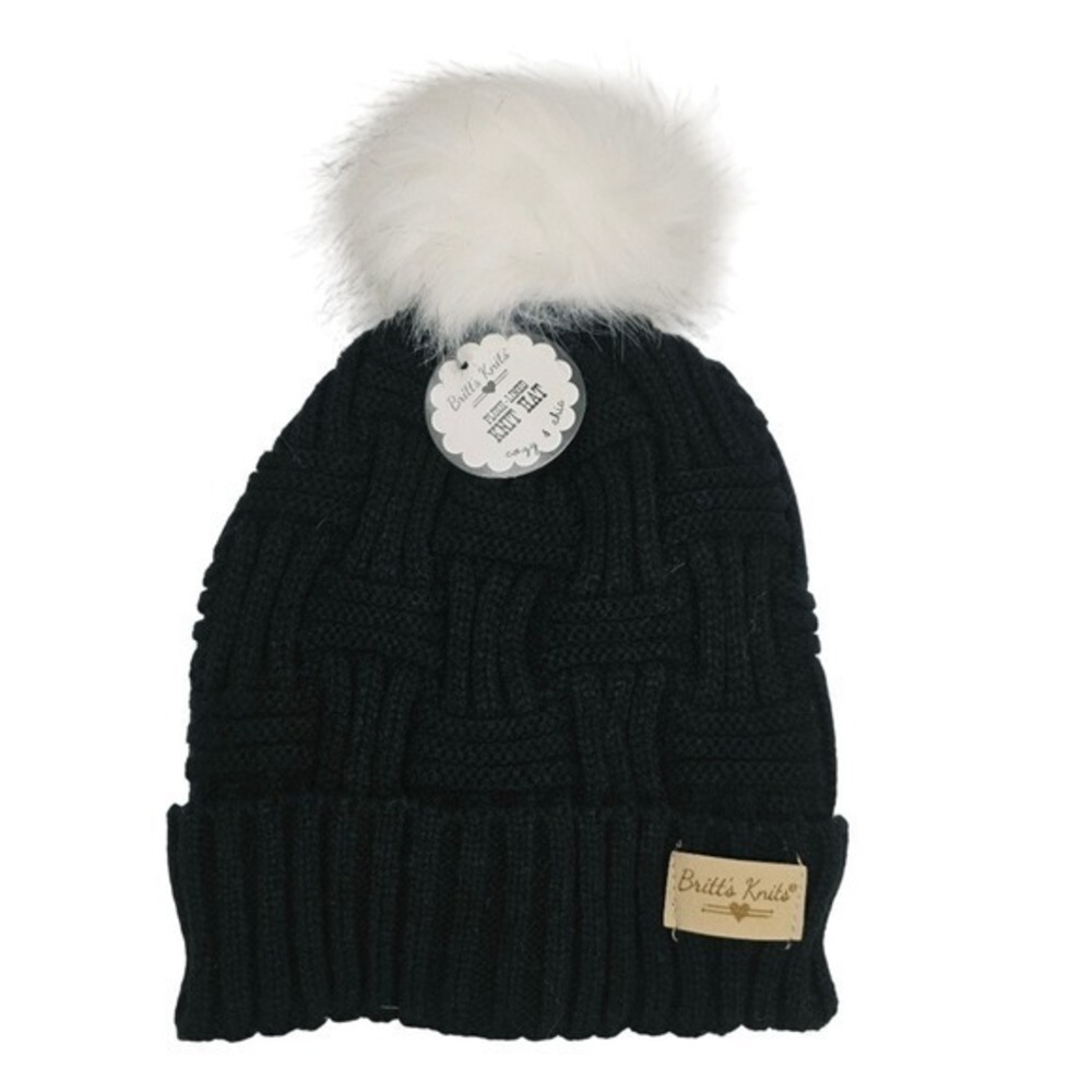 Braided Knit Beanie Hat with Faux Fur Pom Black